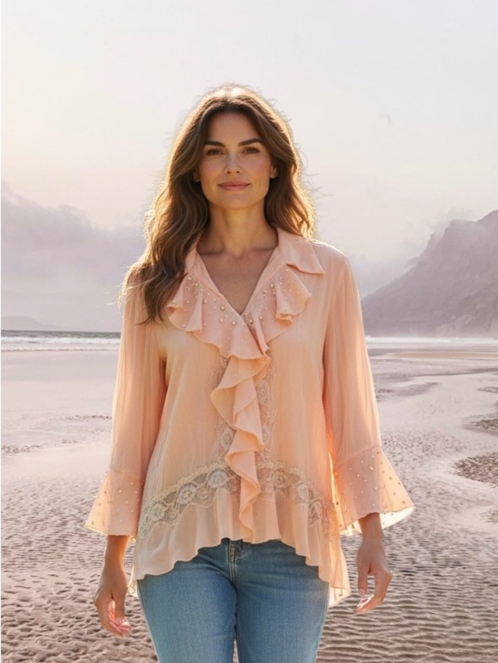 Boho Peach Ruffle Lace Trim Women's Blouse